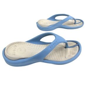 Crocs Athens Womens Flip Flops Blue Grey Sandals Thongs Comfort Massage Insole 7